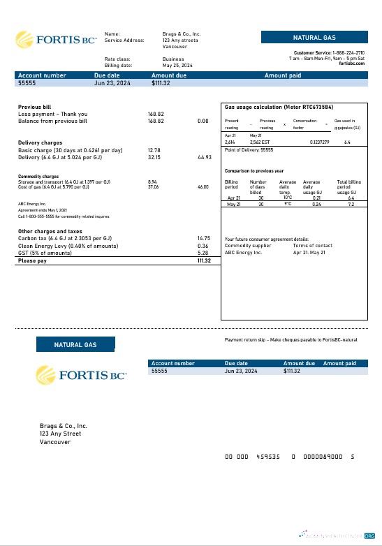 Download Canada British Columbia FortisBC business utility bill template (2) Photoshop template